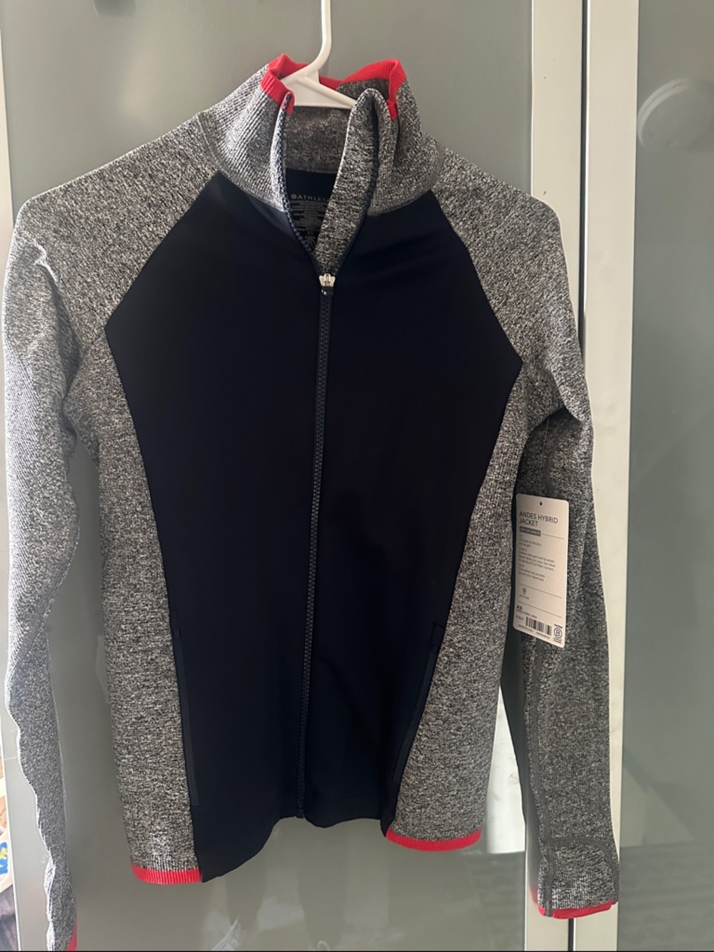 Athleta Navy and Gray Zip-Up Andes Hybrid Jacket with Red Trim